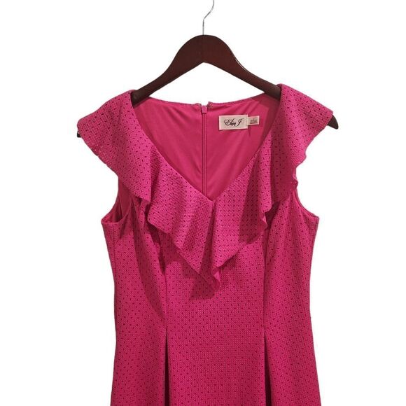 Eliza J Pink Perforated Flare Dress Ruffle Neck Sleeveless Size 6 - Picture 5 of 7